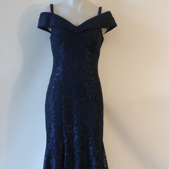 NWT Women R&M Richards Blue Lace Off the Shoulder Shimmer Mermaid Gown Dress 10P - Picture 5 of 14
